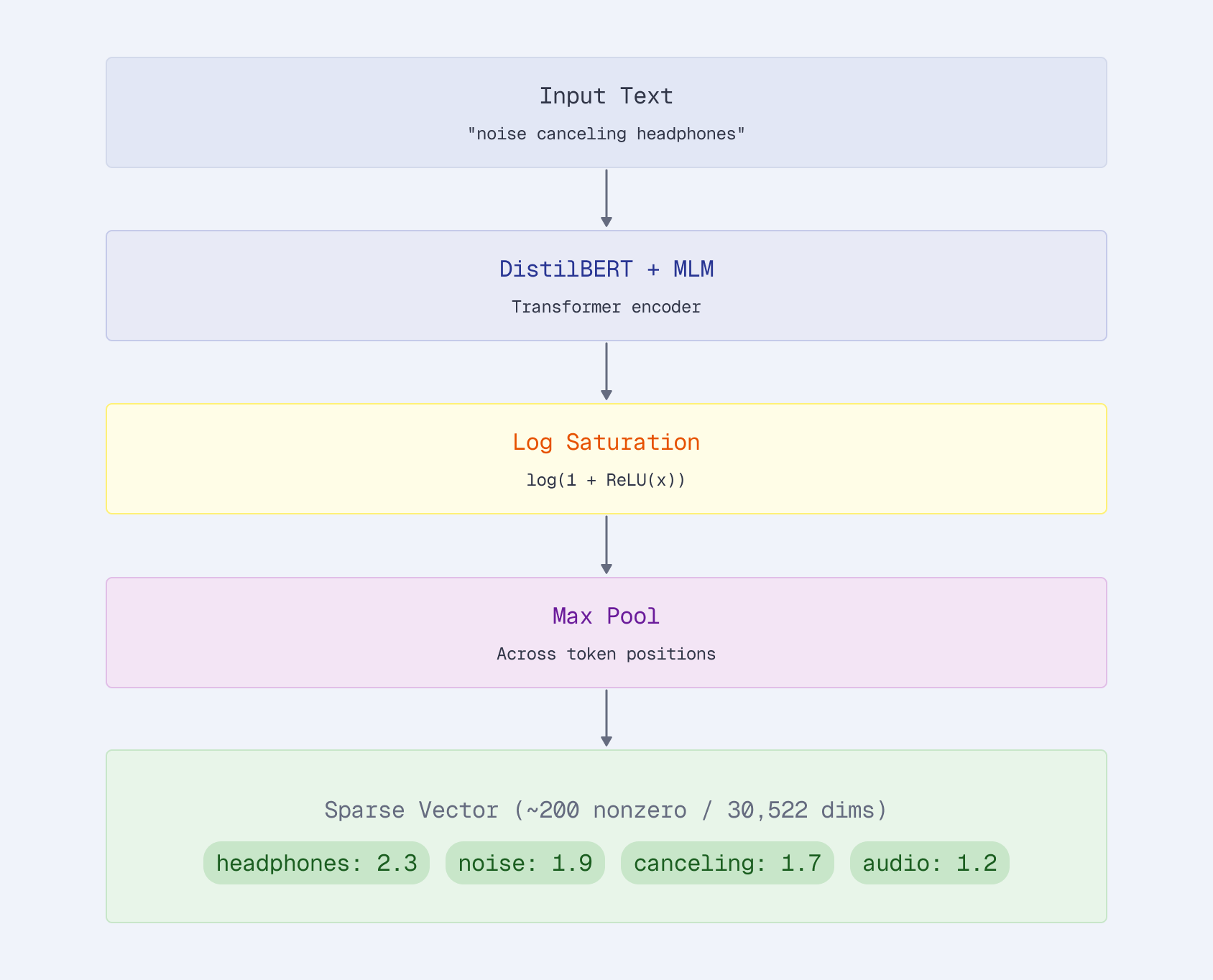 The SPLADE encoding pipeline from input text to sparse vector